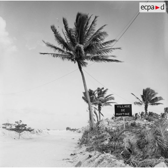 Piste et végétation. Panneau "Village de Martine" sur l'atoll de Moruroa.