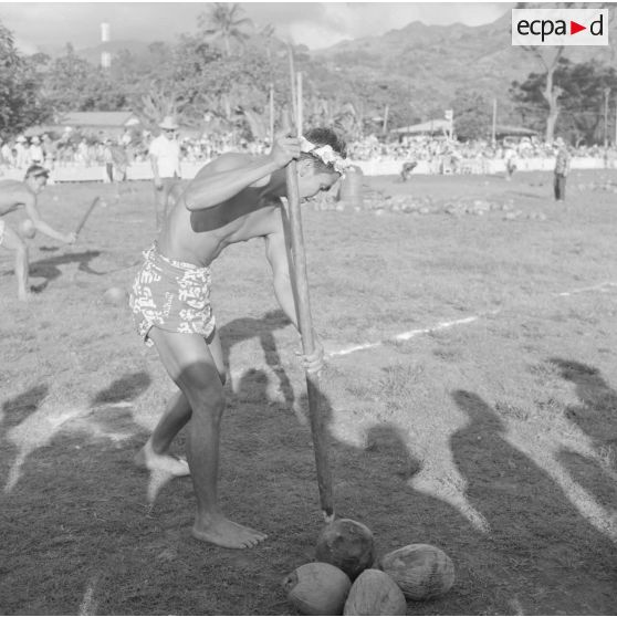 Fêtes du Juillet ou fête du Tiurai à Papeete en 1964. Portrait d'un jeune homme polynésien, lors d'un concours avec des noix de cocos ou coprah.