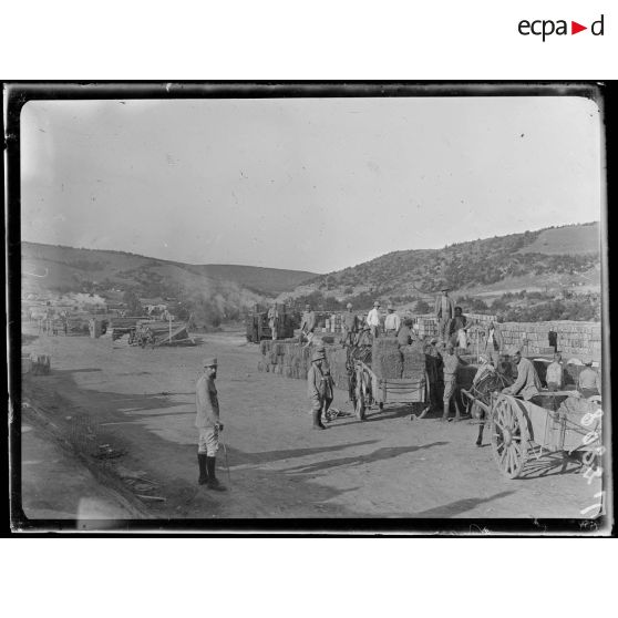 Kodza Dere. Grande station de ravitaillement de la 122e division, près de la rivière. Arrivée des marchandises. Pesage des foins. [légende d'origine]