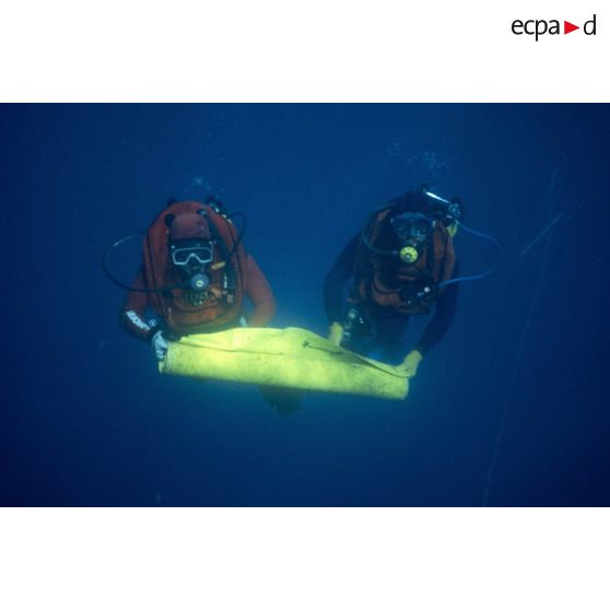 Des plongeurs prélèvent un panneau d'algues immergé pour la surveillance radiologique et bactériologique des eaux de Moruroa. [Description en cours]