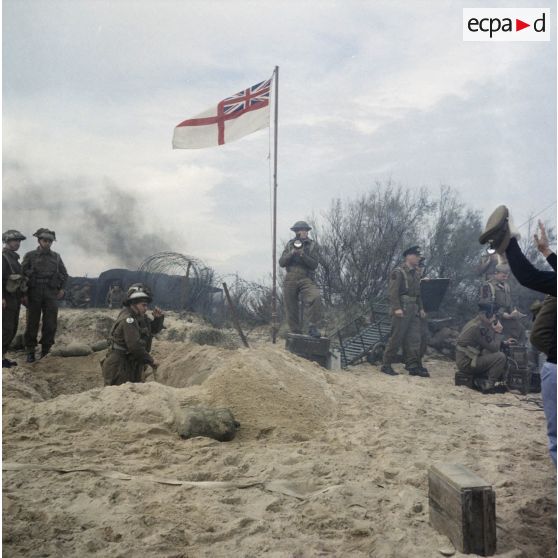 Sur le tournage du film Le jour le plus long. Figurants de militaires britanniques.