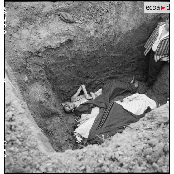 Fosse commune dans le camp de Vaihingen récemment libéré par des troupes françaises.