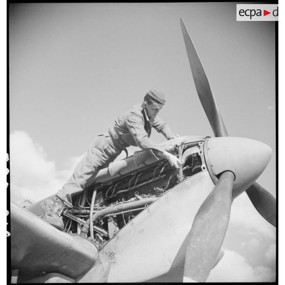 Un mécanicien assure la maintenance du moteur d'un Spitfire Mk V du groupe de chasse (GC) II/7 Nice.