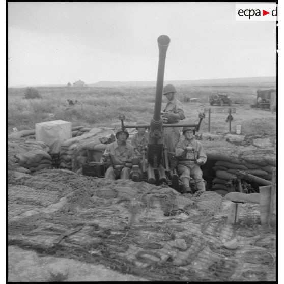 Pièce d'artillerie anti-aérienne Bofors 40 mm en position de tir près du lac de Bizerte en Tunisie.