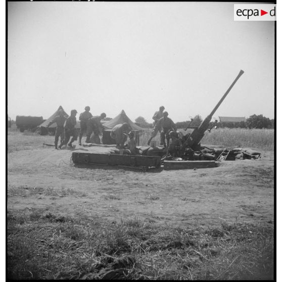 Pièce d'artillerie anti-aérienne 40mm Bofors avec tous ses servants en alerte près du lac de Bizerte.