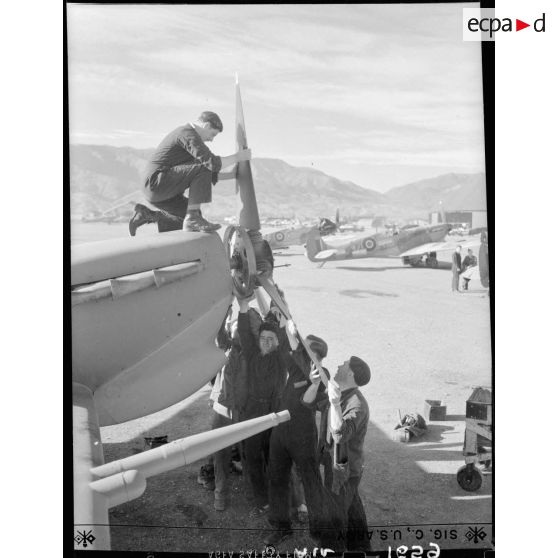 Remontage de l'hélice du Spitfire à l'atelier de Blida.