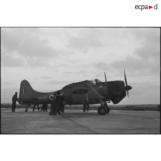 Un bombardier en piqué Douglas SBD-5 Dauntless de la flottille 4FB de l'aéronautique navale est poussé sur une piste d'envol sur la base de Cognac.