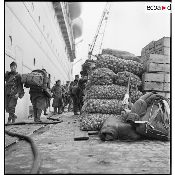 Vivres en attente de chargement sur un quai du port de Brest.