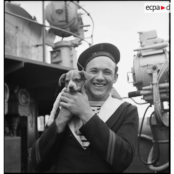 Portrait d'un quartier-maître du contre-torpilleur Le Malin avec un petit chien mascotte.