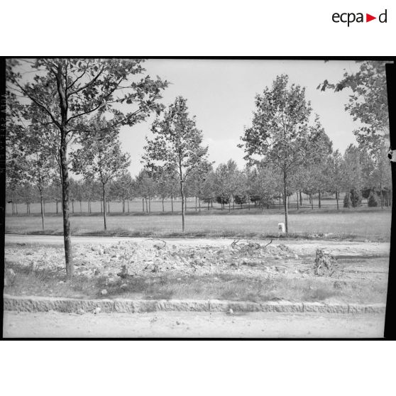 Plan général d'un cimetière militaire, les tombes ne sont que partiellement visibles en fond de tableau.