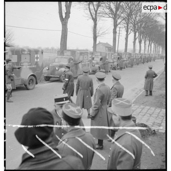 Plan général des ambulances de la section sanitaire de volontaires américains garées au bord d'une route.