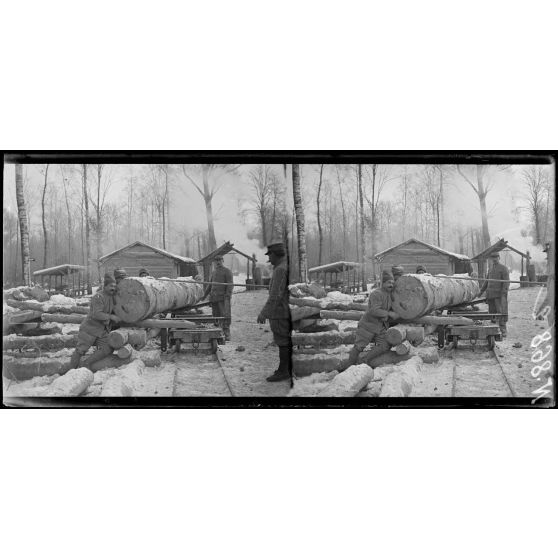 Près de Verrières (Marne). La Haie Guérin. Chargement d'arbres sur wagonnets. [légende d'origine]