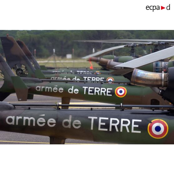 Empennages d'hélicoptères Gazelle peu avant le décollage lors d'un exercice EALAT (École de l'aviation légère de l'armée de Terre).