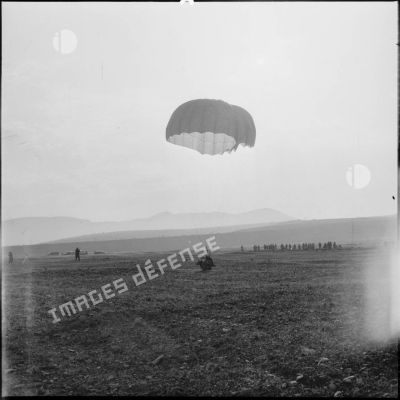 Atterissage d'un parachutiste lors d'une manœuvre en Oranie.