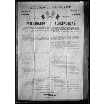 Affiche. Proclamation de l'occupation de nos troupes aux habitants de l'Alsace (1er novembre 1914). [légende d'origine]