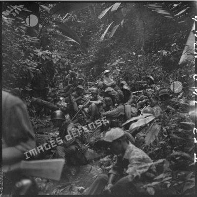 Des parachutistes de la colonne Langlais font une halte au bord d'un ruisseau en plein jungle, au cours de leur progression vers le Laos.