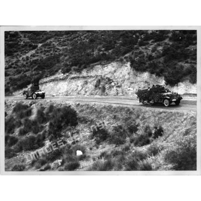 Des blindés sur une route de montagne de la région de Mouzaïaville.