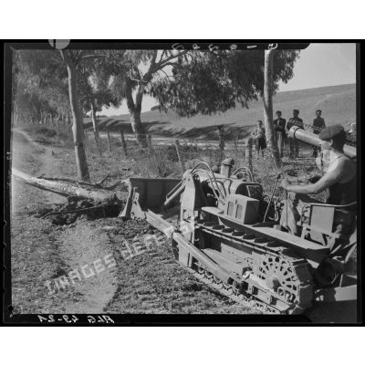 Un militaire déboise un terrain avec un bulldozer équipé d'une tarière.
