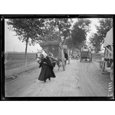 Près Lamotte-en-Santerre (dans la Somme). Sur la route, paysanne évacuée déménageant ses meubles (30.6.16). [légende d'origine]