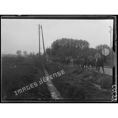 Route de Reims, Marne, convoi de chevaux sur la route. [légende d'origine]