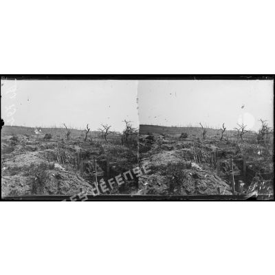 Chavonne, anciennes positions allemandes bouleversées par notre artillerie : au loin, ce qui reste d'un bois. [légende d'origine]