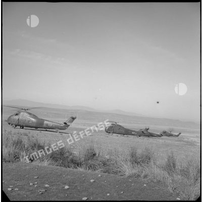 [Opération avec le commando Cobra aux monts des Ksour dans le secteur de Géryville. Hélicoptères Sikorsky H-34 de l'aéronavale au sol.]
