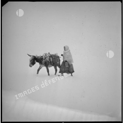 Un homme effectue une corvée d'eau sous la neige. Des mulets transportent les tonneaux. [légende d'origine]