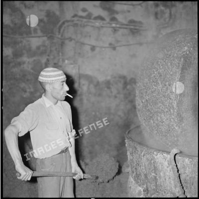[Papeterie d'Aïn-el-Hadjar. Portrait d'un ouvrier avec une cigarette à la bouche et une pelle dans ses mains. Il se tient devant une meule utilisée pour la fabrication de la pâte à papier et semble remplir une cuve.]