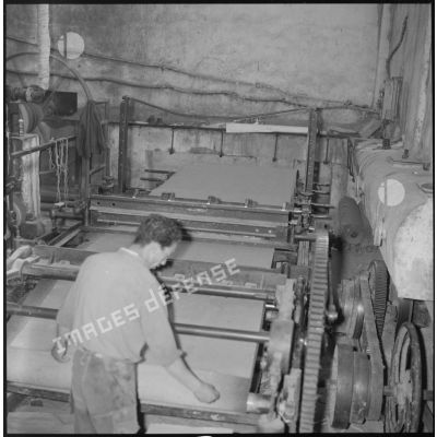 [Papeterie d'Aïn-el-Hadjar. Un ouvrier travaille avec une machine utilisée pour la fabrication du papier.]