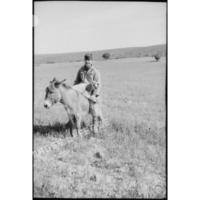 Portrait d'un soldat assis chevauchant un âne. Il tient un mouton dans ses bras. [légende d'origine]