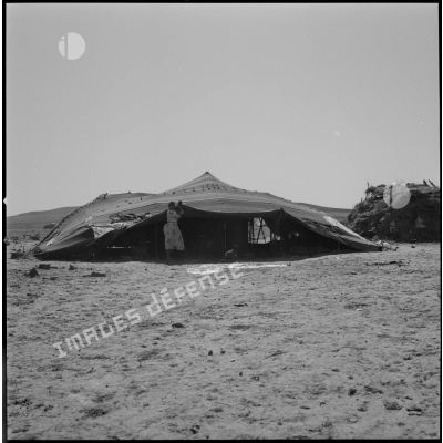 [Jeune femme nomade posant devant une khaima dans le camp de regroupement d'AÏn Skhouna.]