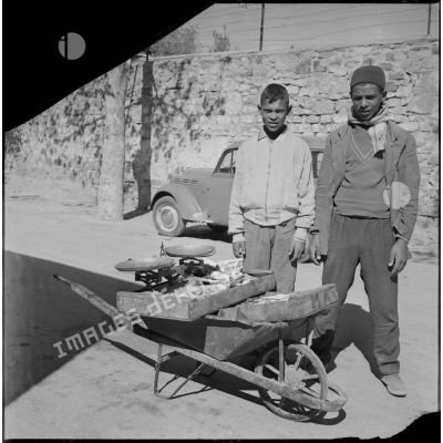 [Portrait de deux jeunes vendeurs ambulants algériens devant leur brouette.]