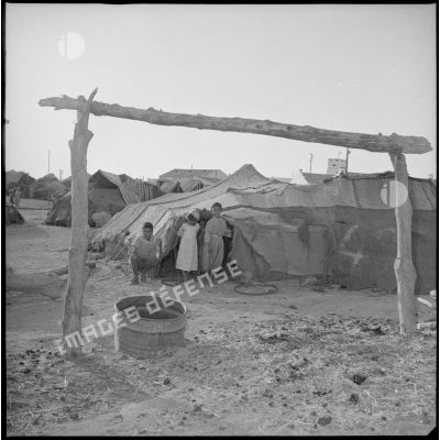 [Enfants algériens devant une tente dans un village de regroupement à Aïn Sekhouna.]