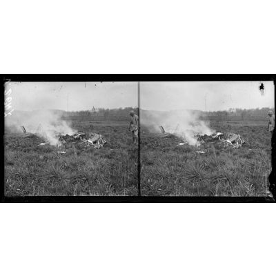 Hailles, Somme, appareil allemand tombé en flamme à 400 m du village et finissant de brûler. [légende d'origine]