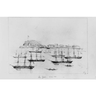 Panorama des bâtiments de la flotte devant l'île de Gorée, au Sénégal, le 14 mars 1858. Signé en bas à droite. [légende d'origine]