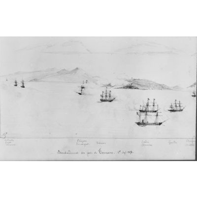 Bombardement des forts de Tourane, le 1er septembre 1858, par la flotte de la marine française. Signé en bas à gauche. [légende d'origine]
