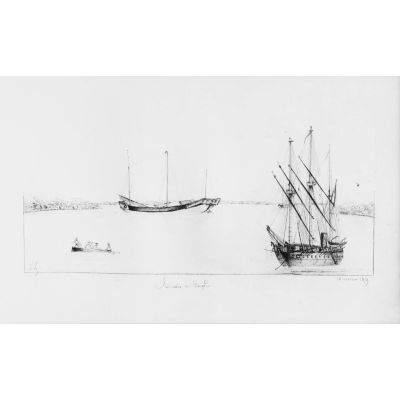 Jonque et frégate de la marine française sur la rivière de Saigon, le 12 février 1859. Signé en bas à gauche. [légende d'origine]