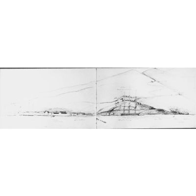 Panorama fait de deux feuilles de dessins relatifs aux installations de la marine française sur la rivière de Tourane (s.d.). [légende d'origine]