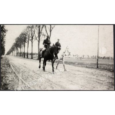 [Deux cavaliers sur une route bordée d'arbres, s. d.].