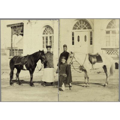 [Domestique, palefreniers chinois (Ma-Fou) et chevaux mongols au service du capitaine Albert d'Amade devant sa maison à Tien-Tsin].