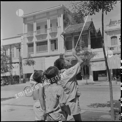 Dans une rue, des enfants tirent sur des moineaux avec une sarbacane.