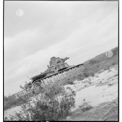 Char de commandement  d'un peloton de chars légers Renault D1 montant en ligne dans une zone désertique du secteur de Pichon.