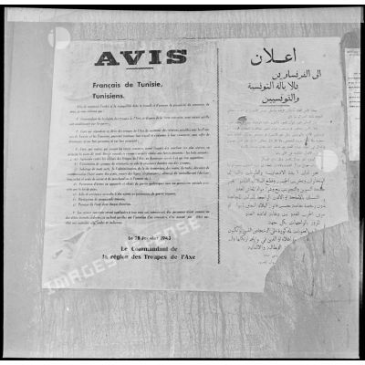 Affiche du général Walther Nehring, commandant en chef des troupes de l'Axe pour la Tunisie, informant les civils de Bizerte des sanctions qu'ils encourent en cas de collaboration avec les Alliés.
