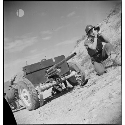 Mise en batterie d'un canon antichar américain de 37 mm M3 par une unité du 19e CA (corps d'armée) dans la région de Zaghouan.