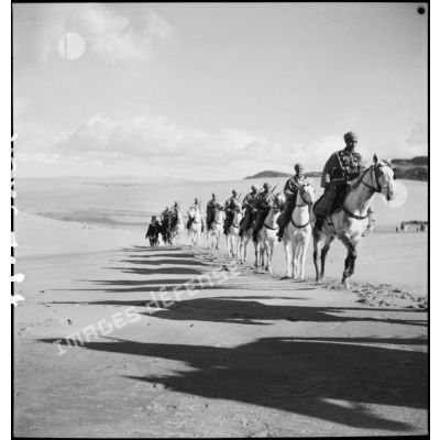 Patrouille à cheval d'une unité de spahis dans le désert tunisien.