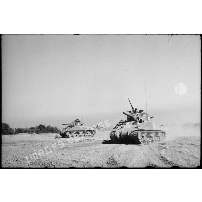 Progression de chars moyens Sherman M4 d'une unité blindée du CEF (corps expéditionnaire français) lors d'un entraînement dans une région désertique algérienne.