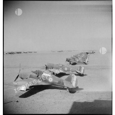Chasseurs Curtiss H-35 Hawk (ou P-36) parqués sur le terrain de l'école de l'Air de Marrakech.