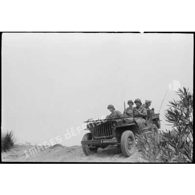 Progression d'une jeep Ford GPW, élément précurseur d'une unité, au cours d'une manoeuvre du CEF (corps expéditionnaire français) en Algérie.