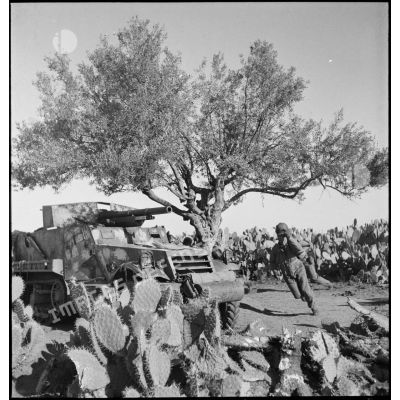 Dans le secteur de Fondouk el-Okbri, des soldats d'un bataillon de chasseurs de chars de la 1re DB (division blindée) du 2e CA (corps d'armée) américain, courent vers leur canon automoteur M3 GMC, canon de 75 mm monté sur châssis d'half-track M3.