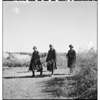 Deux prisonniers allemands, déserteurs du corps expéditionnaire de l'Afrikakorps, sont escortés vers le poste de commandement d'un secteur français.